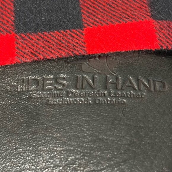 HIDES IN HAND Deerskin Black Leather Mittens with Red Plaid Cuff Small Medium - Picture 2 of 8